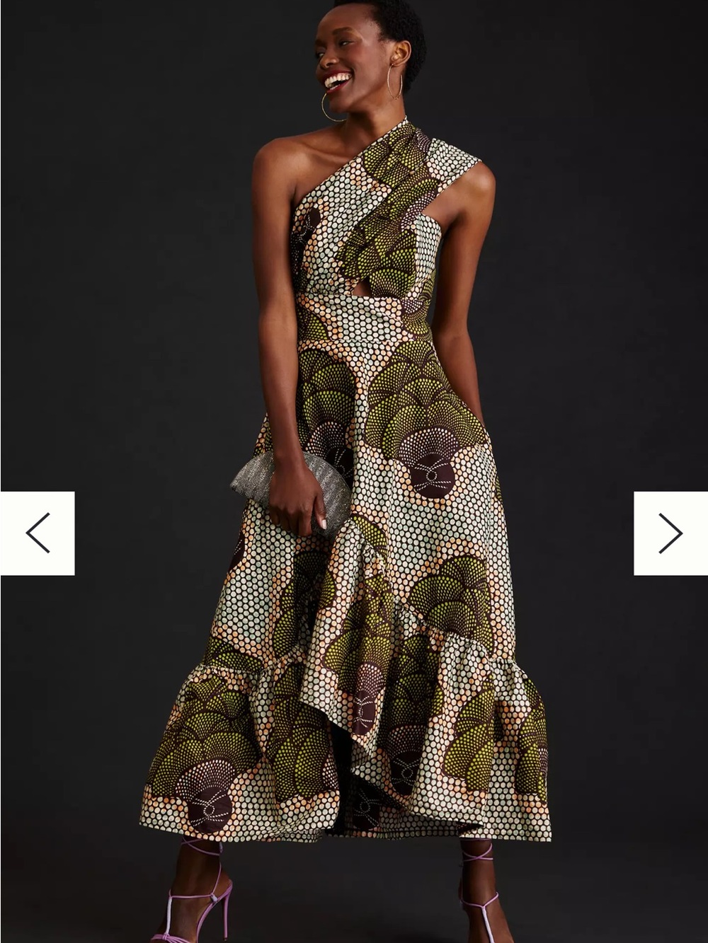 Sika One-Shoulder Green, White and Brown Printed Asymmetrical Ruffle Dress